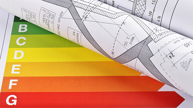 verweist auf: Energieeffizienz Architektenplan und Energieeffizienzbalken (verweist auf: Energieeffizienz)